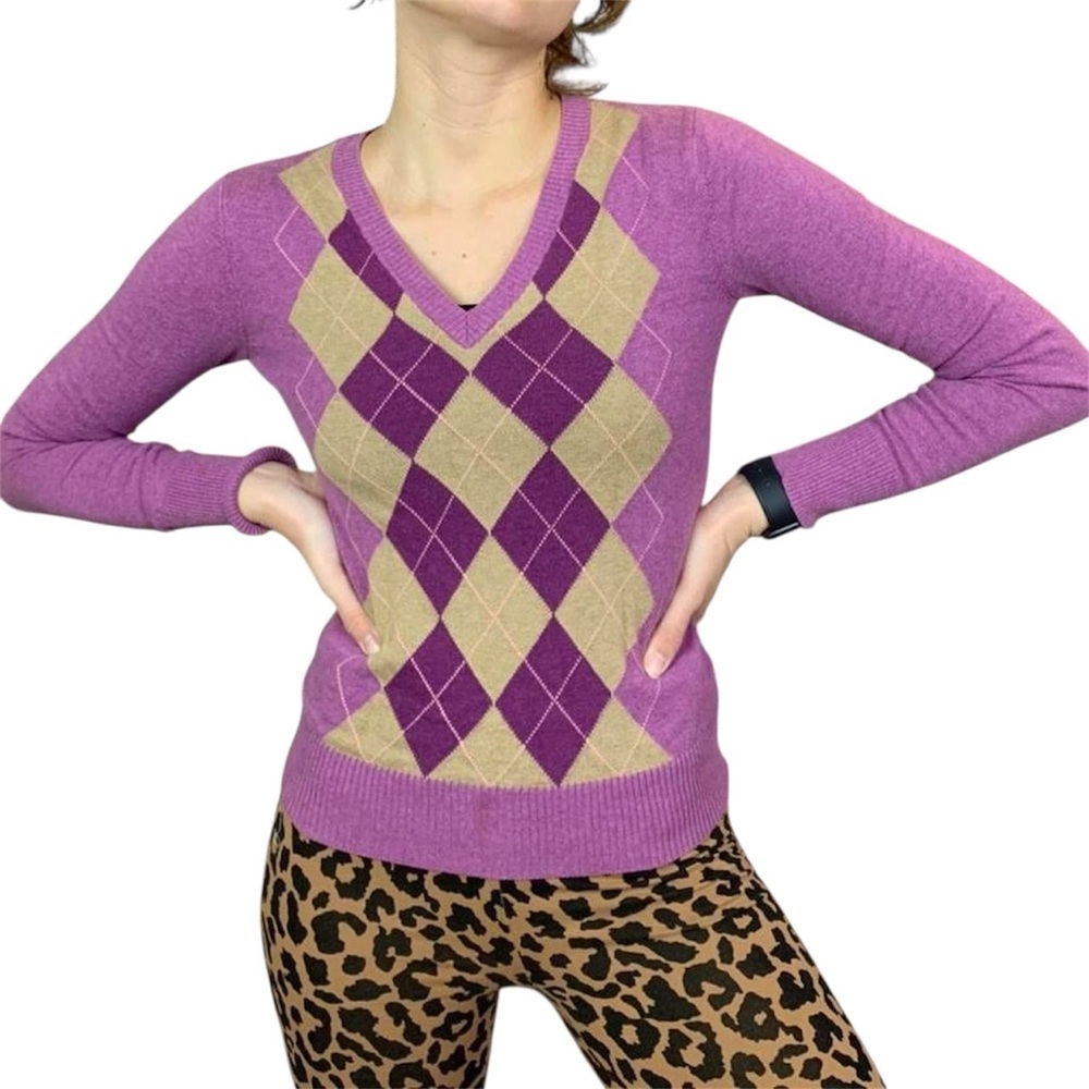 Merona Purple Argyle V Neck Sweater Preppy Academia Grandpa Core XS